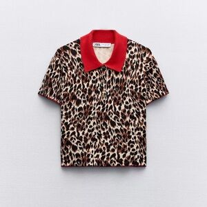 Zara Animal Print Polo with Red Collar